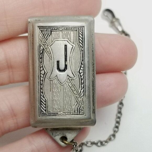 Vintage Watch Chain, J Monogram Slide and Dog Clip, True Silver Plate. Estate - Picture 2 of 8